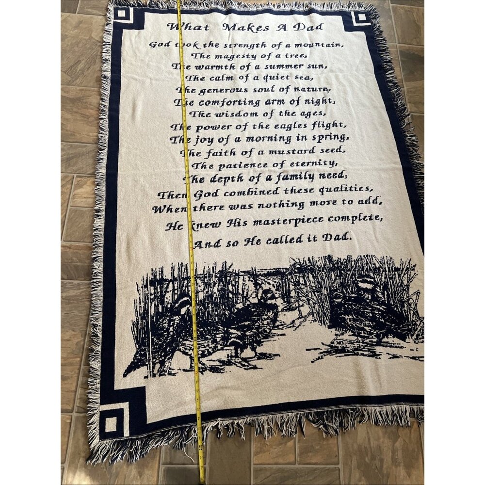 Woven Throw Blanket "What Makes A Dad" Blue Ivory Soft Woven Cotton 71" Long Vtg - Picture 6 of 11